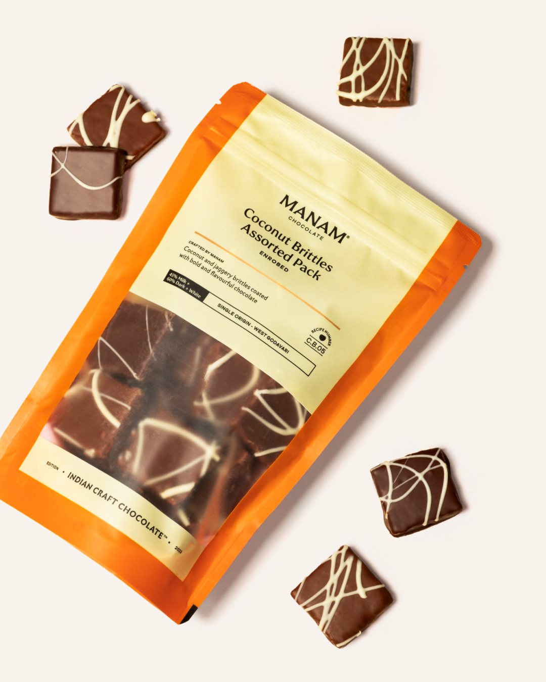 Enrobed Chocolate Coconut Brittles - 45% Milk, 60% Dark & White